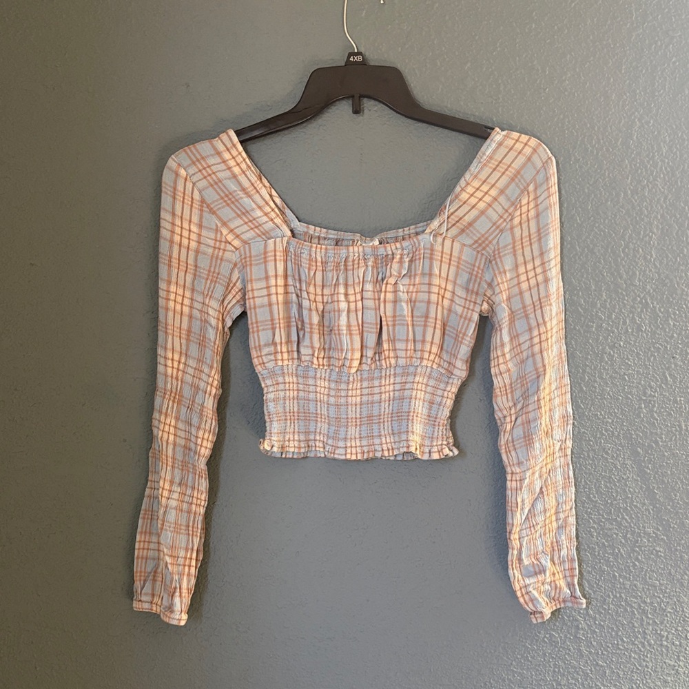 Orange Plaid Smocked Women's Blouse